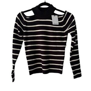 Olivaceous Striped Cutout Shoulder Mock Neck‎ Sweater Top, Size M